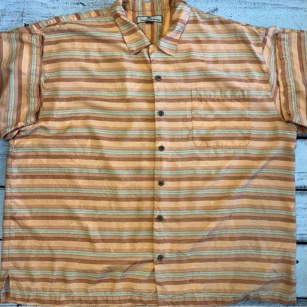 Tommy Bahama 100% Silk Shirt Mens XXL Orange Stripe Jacquard Tropical Camp